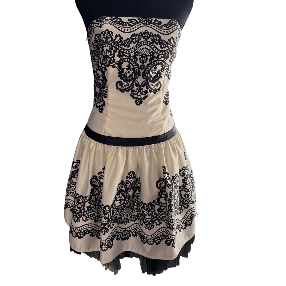 Vintage Jessica McClintock Gunne Sax Black White Damask Strapless Dress Size 7